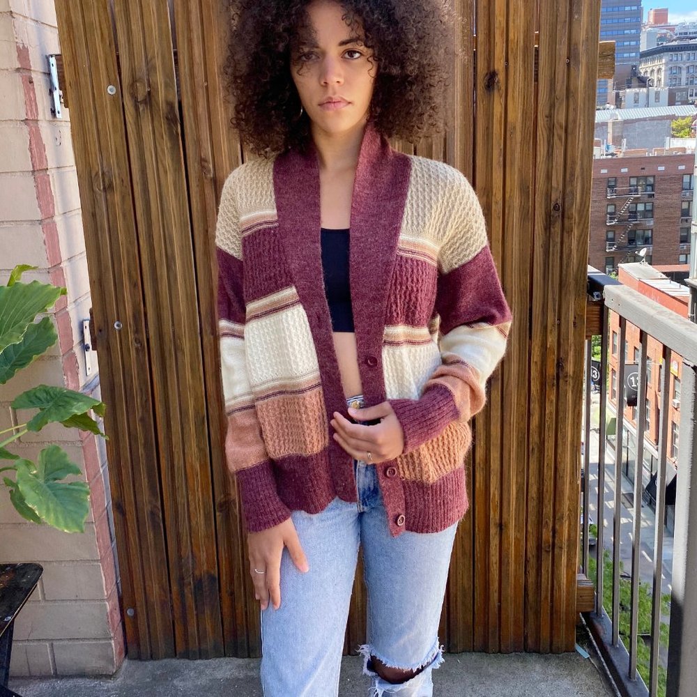 Vintage 80s Striped Grandpa Textured Knit Cardigan